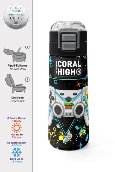 Coral High Kids Siyah Fosforlu Yeşil Gamer Desenli Pipetli ve Direkt İçim Çelik Termos 500 ml 31817 