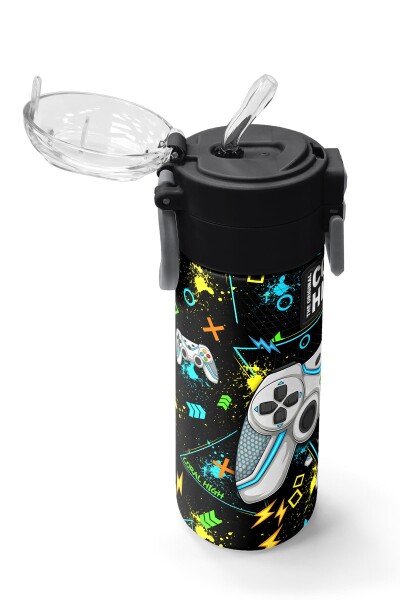 Coral High Kids Siyah Fosforlu Yeşil Gamer Desenli Pipetli ve Direkt İçim Çelik Termos 500 ml 31817 - 5