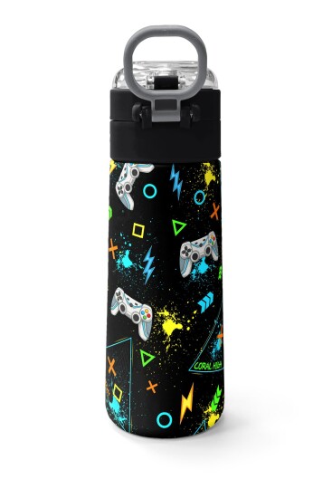 Coral High Kids Siyah Fosforlu Yeşil Gamer Desenli Pipetli ve Direkt İçim Çelik Termos 500 ml 31817 - 4