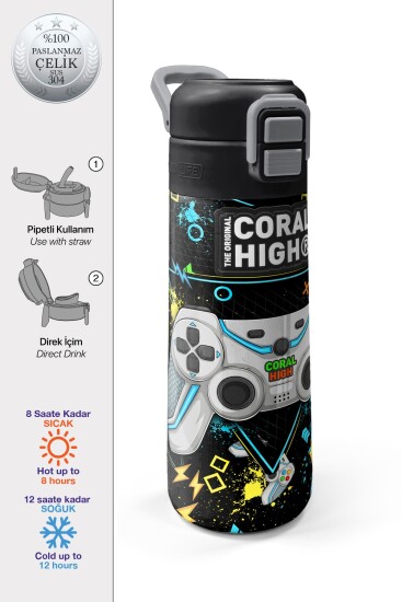 Coral High Kids Siyah Fosforlu Yeşil Gamer Desenli Pipetli ve Direkt İçim Çelik Termos 500 ml 31817 