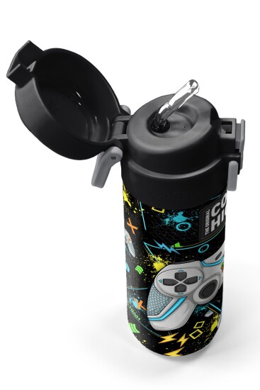Coral High Kids Siyah Fosforlu Yeşil Gamer Desenli Pipetli ve Direkt İçim Çelik Termos 500 ml 31817 - 2