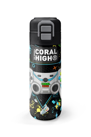 Coral High Kids Siyah Fosforlu Yeşil Gamer Desenli Pipetli ve Direkt İçim Çelik Termos 500 ml 31817 - 4