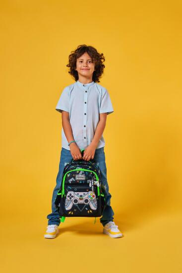 Coral High Kids Siyah Fosforlu Yeşil Gamer Desenli Üç Bölmeli Okul Sırt Çantası 23654 - 8