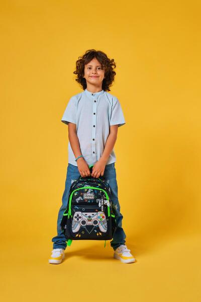 Coral High Kids Siyah Fosforlu Yeşil Gamer Desenli Üç Bölmeli Okul Sırt Çantası 23654 - 8