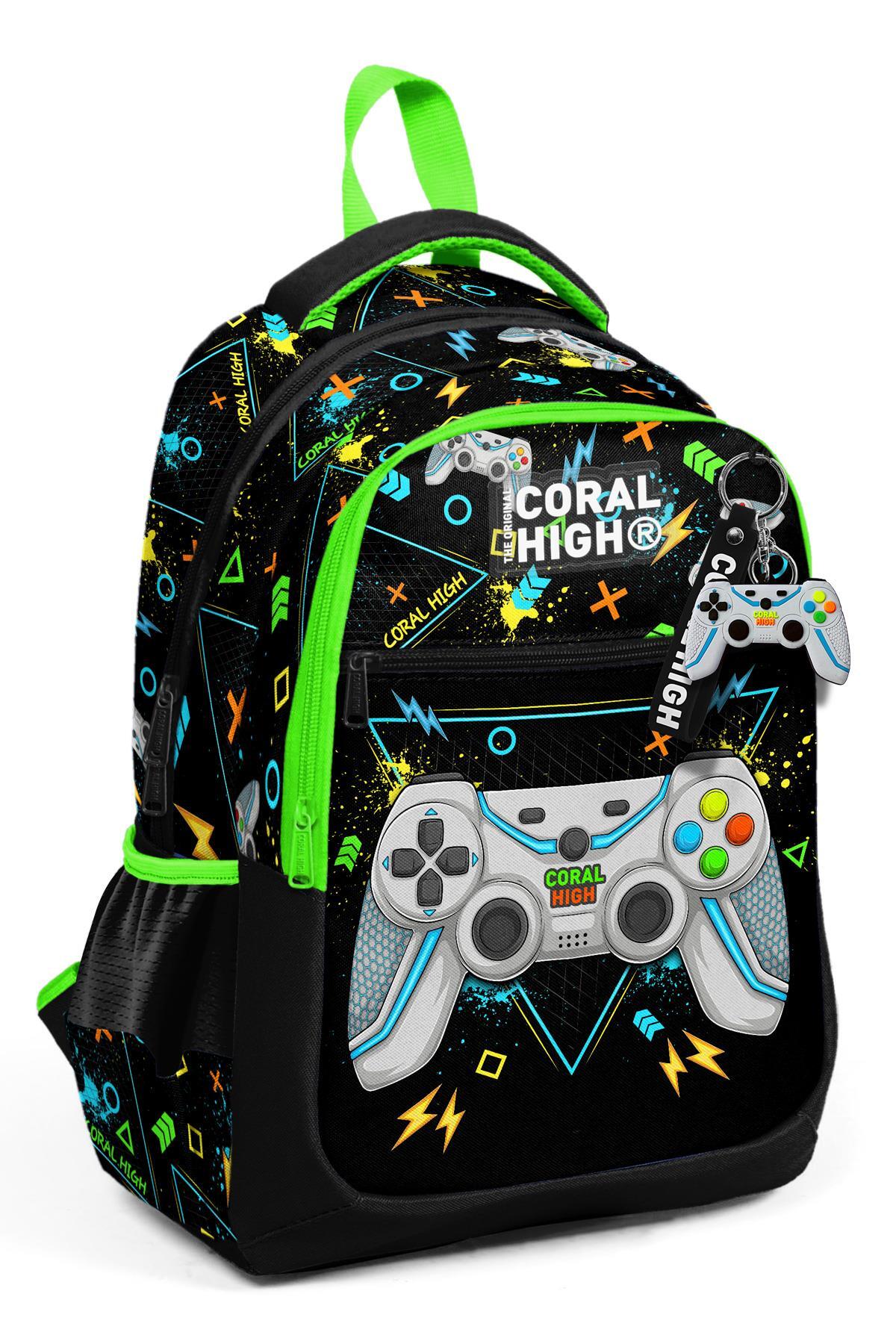 Coral High Kids Siyah Fosforlu Yeşil Gamer Desenli Üç Bölmeli Okul Sırt Çantası 23654