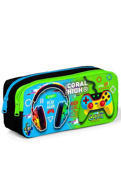Coral High Kids Siyah Fosforlu Yeşil Kulaklık Game Desenli İki Bölmeli Kalem Çantası 12077 - 3