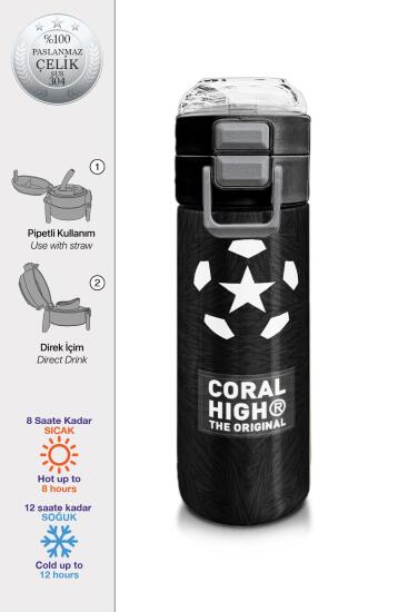 Coral High Kids Siyah Futbol Desenli Pipetli ve Direkt İçim Çelik Termos 500 ml 31898 - CORAL HIGH KIDS