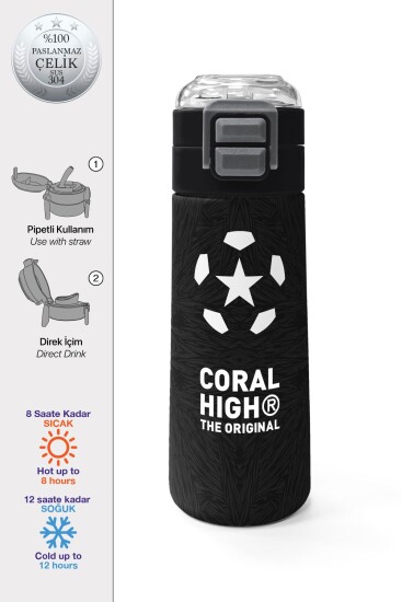 Coral High Kids Siyah Futbol Desenli Pipetli ve Direkt İçim Çelik Termos 500 ml 31898 - Coral High KIDS