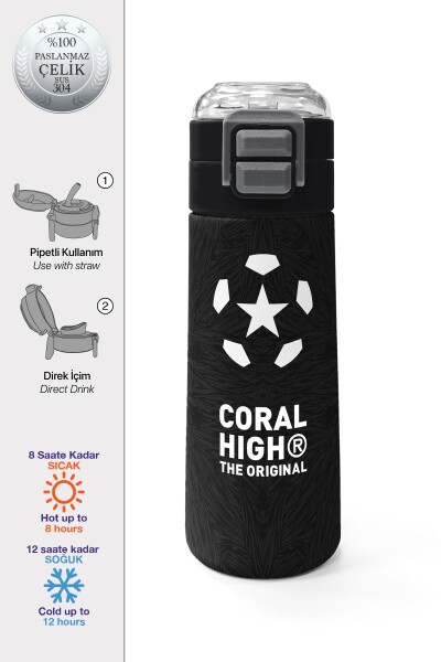 Coral High Kids Siyah Futbol Desenli Pipetli ve Direkt İçim Çelik Termos 500 ml 31898 - 1