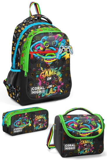 Coral High Kids Siyah Gamer Desenli 3’lü Okul Çanta Seti SET0133258 