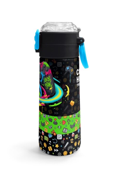 Coral High Kids Siyah Gamer Desenli Pipetli ve Direkt İçim Çelik Termos 500 ml 38140 - 3