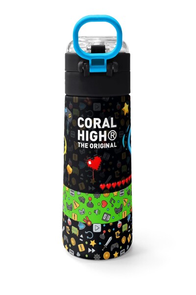 Coral High Kids Siyah Gamer Desenli Pipetli ve Direkt İçim Çelik Termos 500 ml 38140 - 4