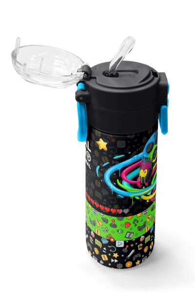 Coral High Kids Siyah Gamer Desenli Pipetli ve Direkt İçim Çelik Termos 500 ml 38140 - 5