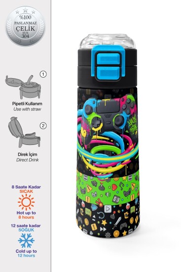 Coral High Kids Siyah Gamer Desenli Pipetli ve Direkt İçim Çelik Termos 500 ml 38140 