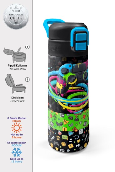 Coral High Kids Siyah Gamer Desenli Pipetli ve Direkt İçim Çelik Termos 500 ml 38140 