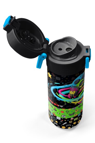 Coral High Kids Siyah Gamer Desenli Pipetli ve Direkt İçim Çelik Termos 500 ml 38140 - 3