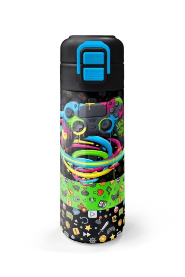 Coral High Kids Siyah Gamer Desenli Pipetli ve Direkt İçim Çelik Termos 500 ml 38140 - 4