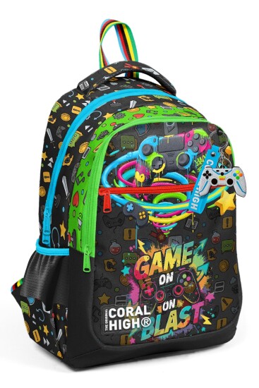 Coral High Kids Siyah Gamer Desenli Üç Bölmeli Okul Sırt Çantası 33258 