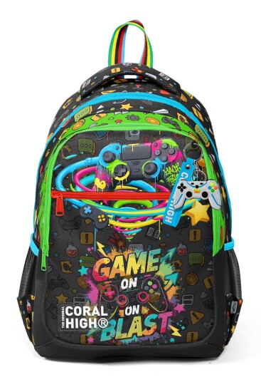 Coral High Kids Siyah Gamer Desenli Üç Bölmeli Okul Sırt Çantası 33258 - 7