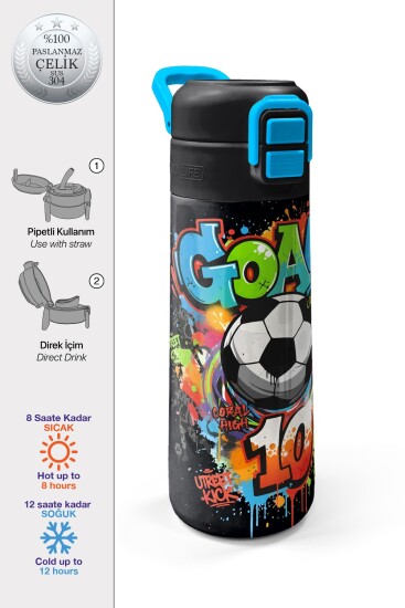 Coral High Kids Siyah Goal Desenli Pipetli ve Direkt İçim Çelik Termos 500 ml 38135 