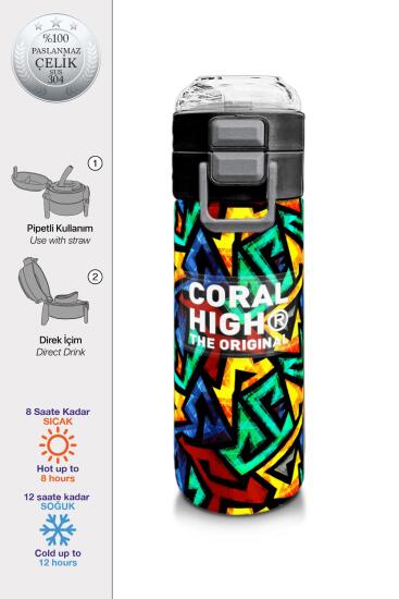 Coral High Kids Siyah Grafiti Desenli Pipetli ve Direkt İçim Çelik Termos 500 ml 31847 - Coral High KIDS