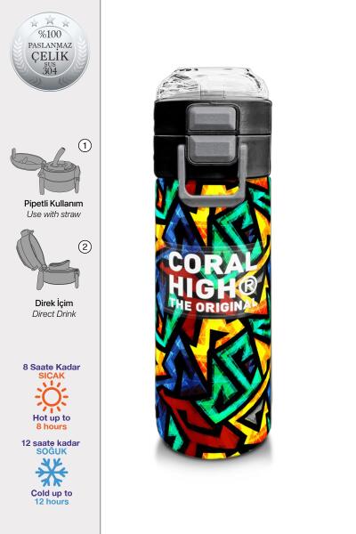 Coral High Kids Siyah Grafiti Desenli Pipetli ve Direkt İçim Çelik Termos 500 ml 31847 - 1