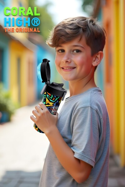 Coral High Kids Siyah Grafiti Desenli Pipetli ve Direkt İçim Çelik Termos 500 ml 31847 - 2