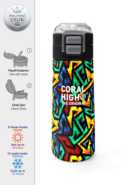 Coral High Kids Siyah Grafiti Desenli Pipetli ve Direkt İçim Çelik Termos 500 ml 31847 - 1