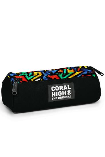 Coral High Kids Siyah Grafiti Desenli Üç Bölmeli Kalem Çantası 11162 