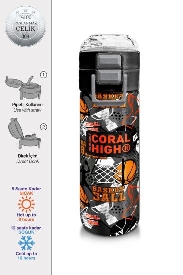 Coral High Kids Siyah Gri Basketbol Desenli Pipetli ve Direkt İçim Çelik Termos 500 ml 31975 - Coral High KIDS