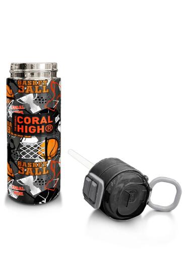 Coral High Kids Siyah Gri Basketbol Desenli Pipetli ve Direkt İçim Çelik Termos 500 ml 31975 - 4