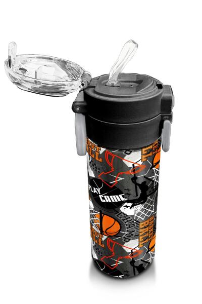 Coral High Kids Siyah Gri Basketbol Desenli Pipetli ve Direkt İçim Çelik Termos 500 ml 31975 - 5