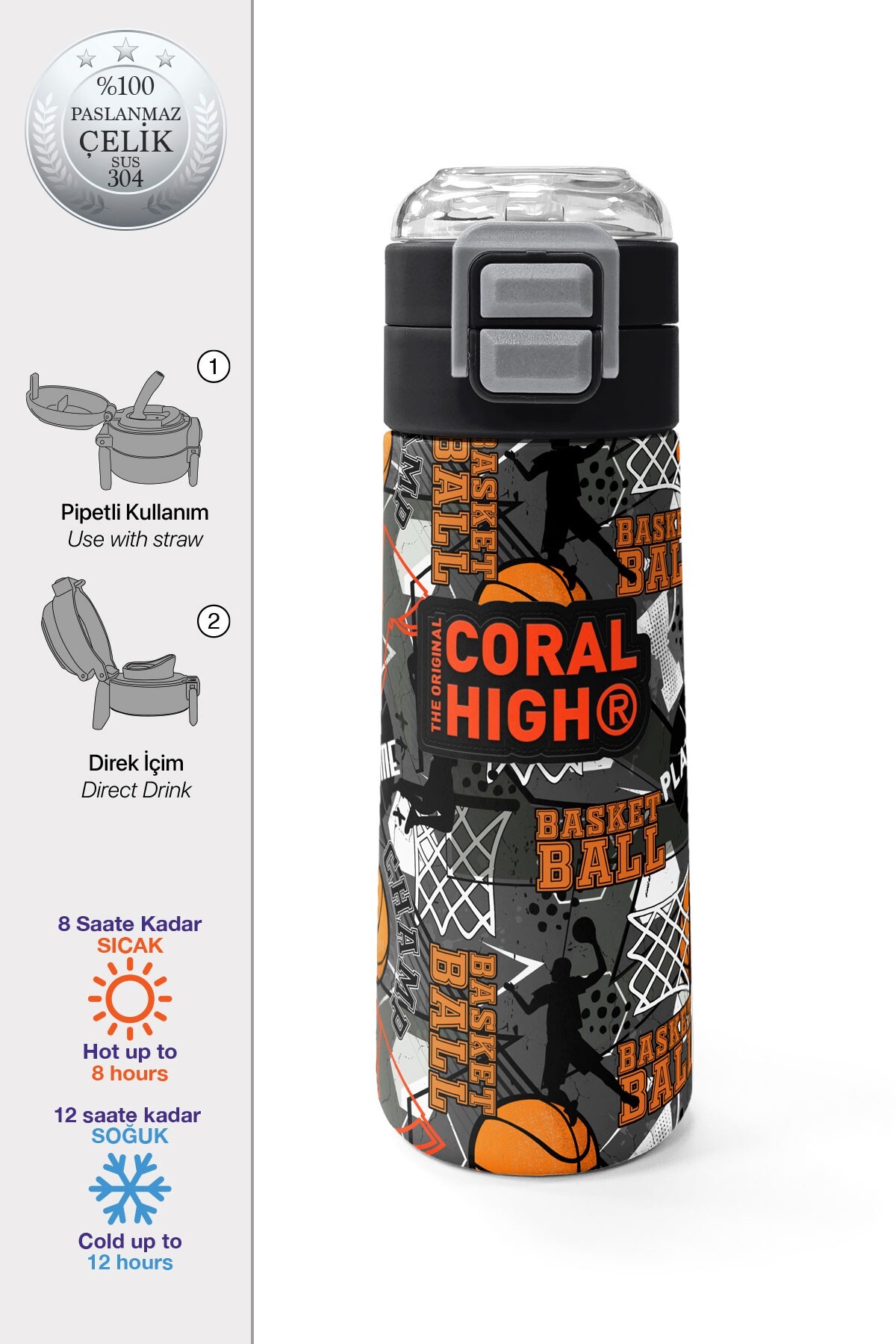 Coral High Kids Siyah Gri Basketbol Desenli Pipetli ve Direkt İçim Çelik Termos 500 ml 31975