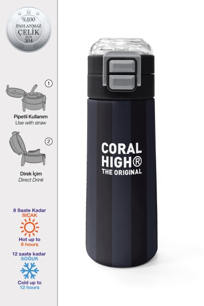 Coral High Kids Siyah Gri Çizgi Desenli Pipetli ve Direkt İçim Çelik Termos 500 ml 38118 - 1