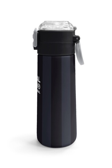 Coral High Kids Siyah Gri Çizgi Desenli Pipetli ve Direkt İçim Çelik Termos 500 ml 38118 - 3