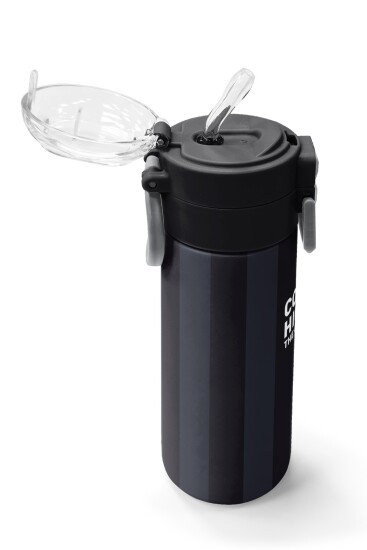Coral High Kids Siyah Gri Çizgi Desenli Pipetli ve Direkt İçim Çelik Termos 500 ml 38118 - 5