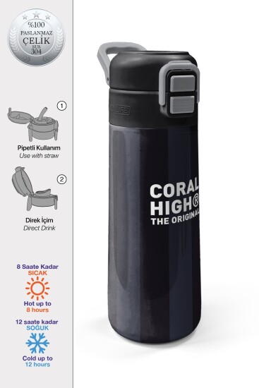 Coral High Kids Siyah Gri Çizgi Desenli Pipetli ve Direkt İçim Çelik Termos 500 ml 38118 - 1