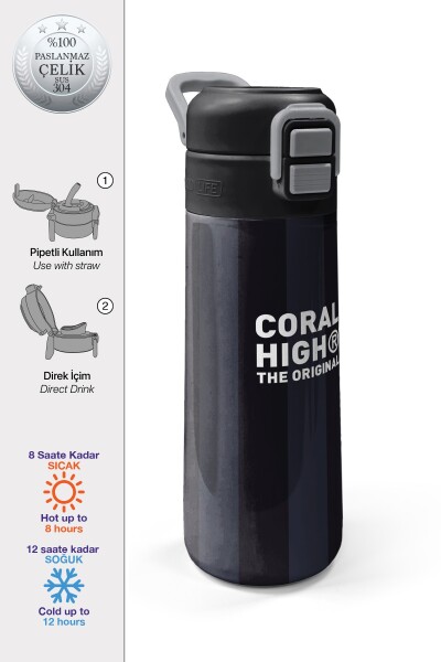 Coral High Kids Siyah Gri Çizgi Desenli Pipetli ve Direkt İçim Çelik Termos 500 ml 38118 - 1