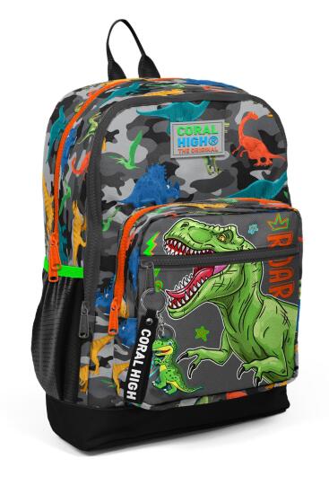 Coral High Kids Siyah Gri Dinozor Desenli Dört Bölmeli Okul Sırt Çantası 23744 