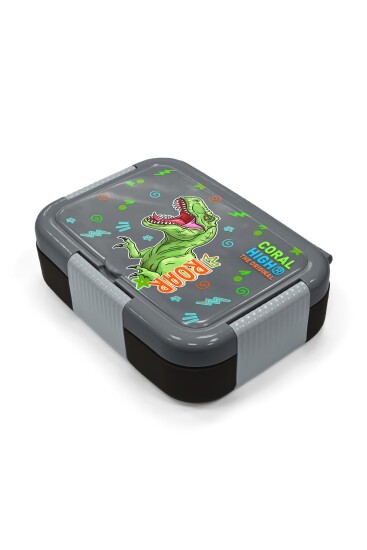 Coral High Kids Siyah Gri Dinozor Desenli Paslanmaz Çelik Beslenme Kabı 39252 - 2