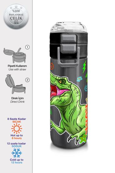 Coral High Kids Siyah Gri Dinozor Desenli Pipetli ve Direkt İçim Çelik Termos 500 ml 31946 - Coral High KIDS