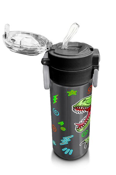 Coral High Kids Siyah Gri Dinozor Desenli Pipetli ve Direkt İçim Çelik Termos 500 ml 31946 - 5