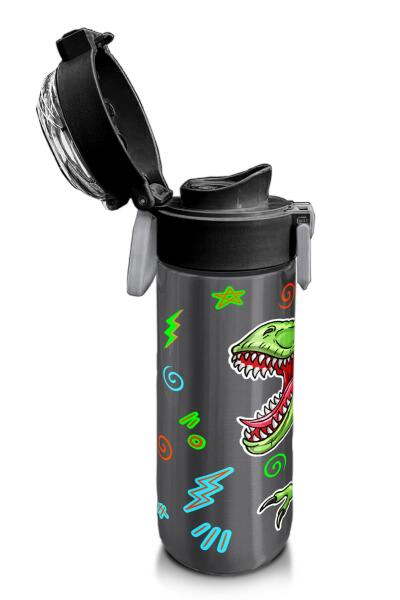 Coral High Kids Siyah Gri Dinozor Desenli Pipetli ve Direkt İçim Çelik Termos 500 ml 31946 - 6