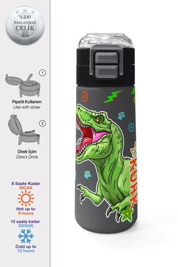 Coral High Kids Siyah Gri Dinozor Desenli Pipetli ve Direkt İçim Çelik Termos 500 ml 31946 