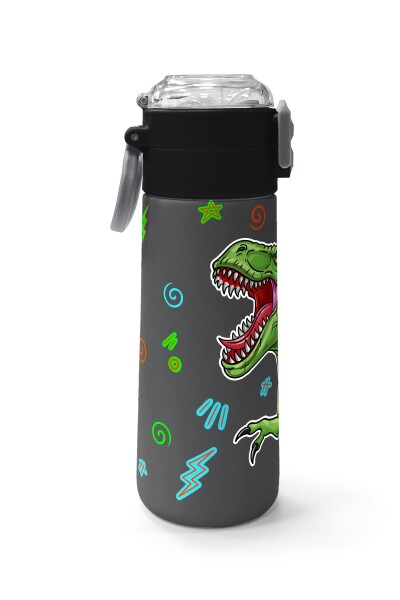 Coral High Kids Siyah Gri Dinozor Desenli Pipetli ve Direkt İçim Çelik Termos 500 ml 31946 - 2