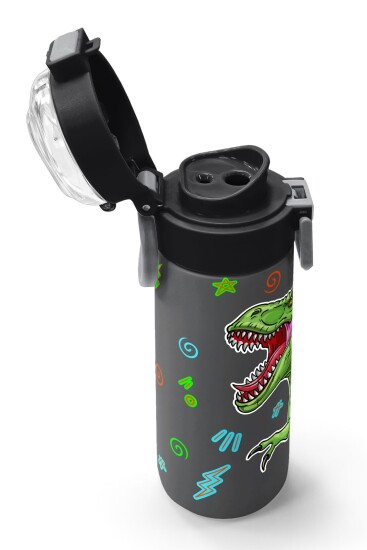 Coral High Kids Siyah Gri Dinozor Desenli Pipetli ve Direkt İçim Çelik Termos 500 ml 31946 - 6