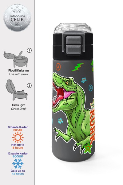 Coral High Kids Siyah Gri Dinozor Desenli Pipetli ve Direkt İçim Çelik Termos 500 ml 31946 - 1