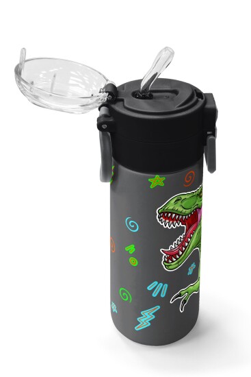 Coral High Kids Siyah Gri Dinozor Desenli Pipetli ve Direkt İçim Çelik Termos 500 ml 31946 - 5