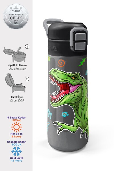 Coral High Kids Siyah Gri Dinozor Desenli Pipetli ve Direkt İçim Çelik Termos 500 ml 31946 - 1