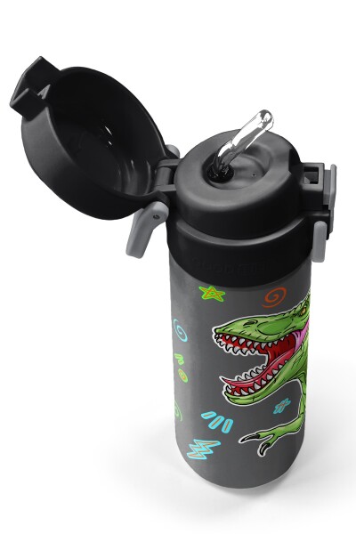 Coral High Kids Siyah Gri Dinozor Desenli Pipetli ve Direkt İçim Çelik Termos 500 ml 31946 - 2